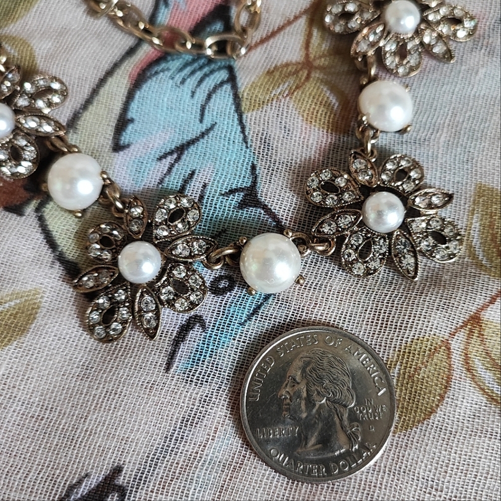 Light Gold Tone Faux Flat Back Pearl Rhinestone Bride Bridal Wedding Necklace - Picture 9 of 9